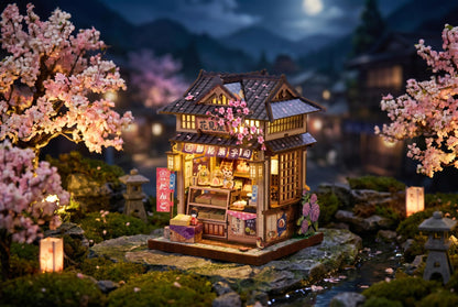 DIY Miniature Dollhouse Kit, Japanese Wagashi Shop 3D Wooden Puzzle with LED Light, Cherry Blossoms & Furniture, Cozy Home Decor, Relaxing Craft Hobby for Adults,Hanamiya