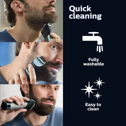 Norelco Philips Beard Trimmer 7000 Series, 100% Waterproof Trimmer for Men, 40 Lock-in Hair Length Settings, BeardSense Power Adaptability, Detail & T-Blade Trimmer Heads, Charging Stand, BT7670/40
