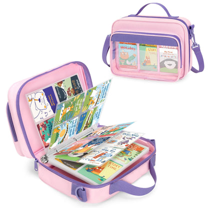LoDrid Trading Card Binder 4 Pocket Compatible with Yoto Cards with 50 Removable Sleeves Holds up to 409 Cards, Card Case with Handle and Shoulder Strap for Travel, Pink, Bag Only, Patent Design