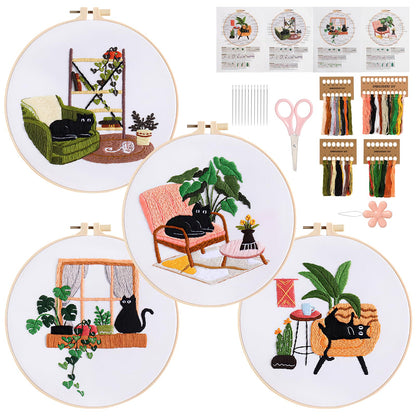 LOMOHOO 4 Sets Cat Embroidery Kit for Beginners, Cute Cat Pattern, Starter Craft DIY Embroidery Sets (Black Cat)