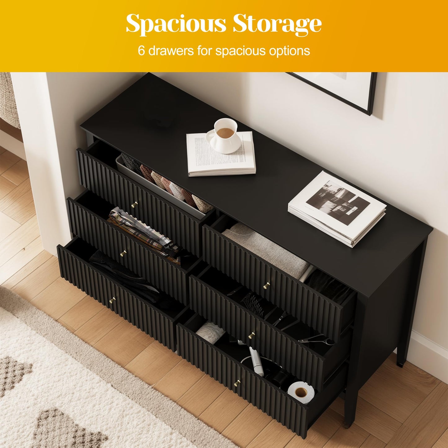 May in Color Black Fluted 6 Drawer Cabinet, Modern TV Console Table, Wood Entryway Table for Storage, Wooden Sideboard Cabinet for Bedroom, Hallway, Living Room