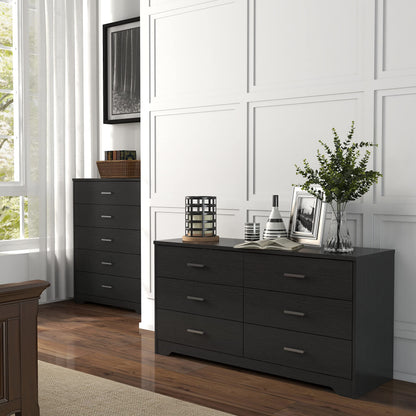 Panana Wooden 5/6 Drawer Dresser, Wide Modern Chest of Drawers, Organizer with Storage Drawers for Living Room Bedroom Hallway Closet (Black, 6 Drawers)