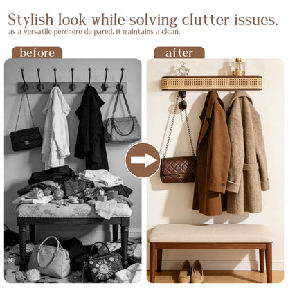 Shamgzuu Coat Rack wall Mount,Rattan Design with Shelf Hidden Hooks, Rustic Perchero De Pared, Entryway Hooks, Key Towel Dog Leashe Jacket Hanger Wall Mount, Walnut (9 Hook 32.28"*3.15"*3.94")
