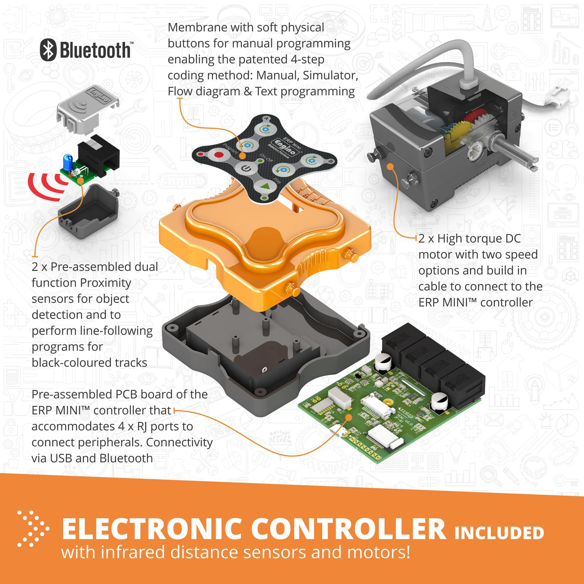 Engino Coding Lab: ERP Mini Robotics, Programmable STEM Robot for Kids Ages 9+, Coding Project, Gift for Boys & Girls, STEM Learning Toy with 2 Sensors, 2 Motors & Programming Software