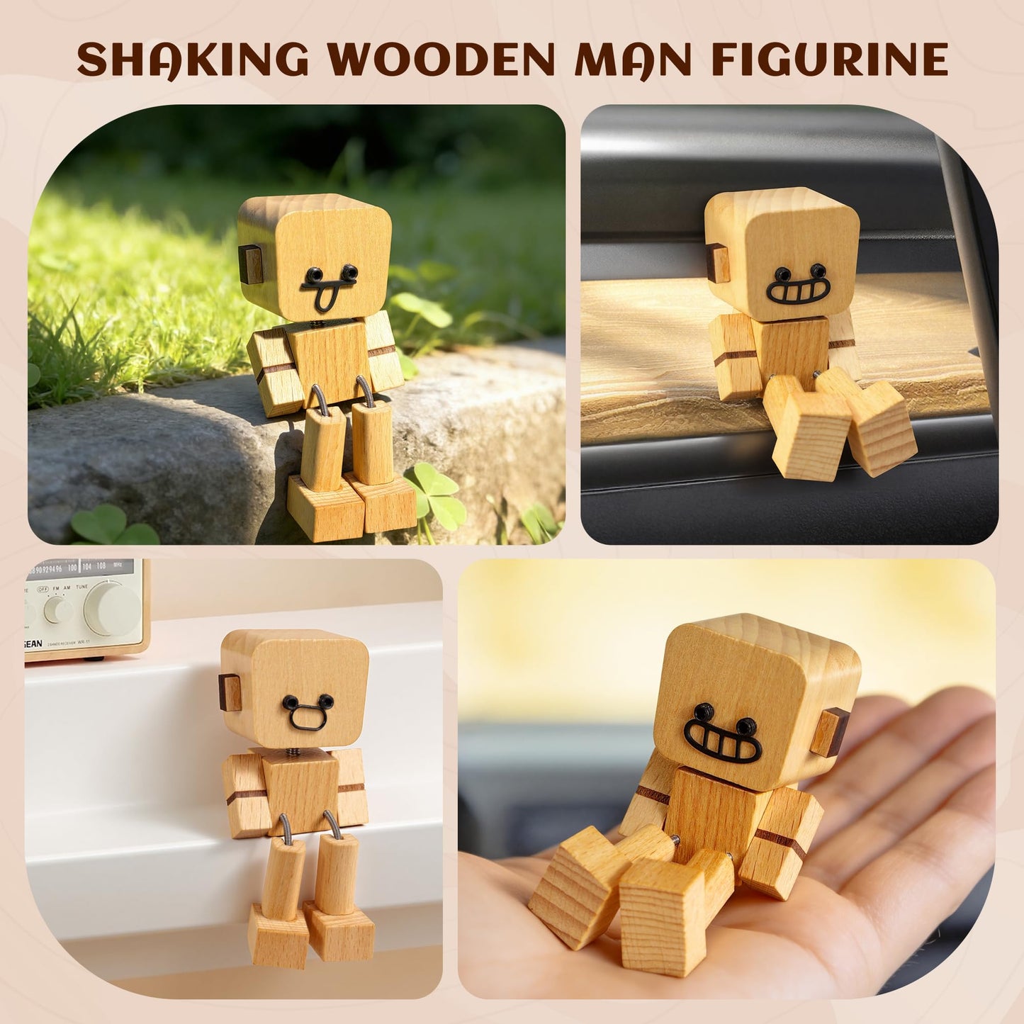 4 pcs Shaking Wooden Man Figurine,Wooden Figure with Spring Legs, Shaking feet Wood Doll, Funny Desktop Decor with 12 PCS Expressions, Car Dashboard Decorations(Beech)