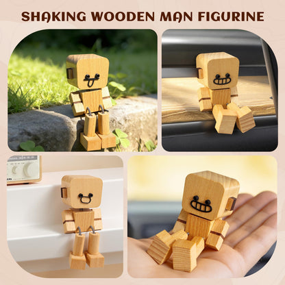 4 pcs Shaking Wooden Man Figurine,Wooden Figure with Spring Legs, Shaking feet Wood Doll, Funny Desktop Decor with 12 PCS Expressions, Car Dashboard Decorations(Beech)
