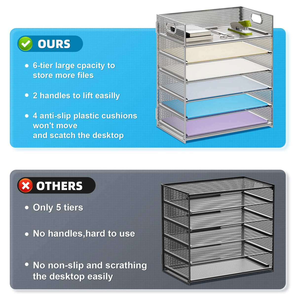 Marbrasse Paper Letter Tray - 6 Tier Mesh File Organizer with Handle, Paper Sorter for Letter/A4 Office File Folder Holder - Silver