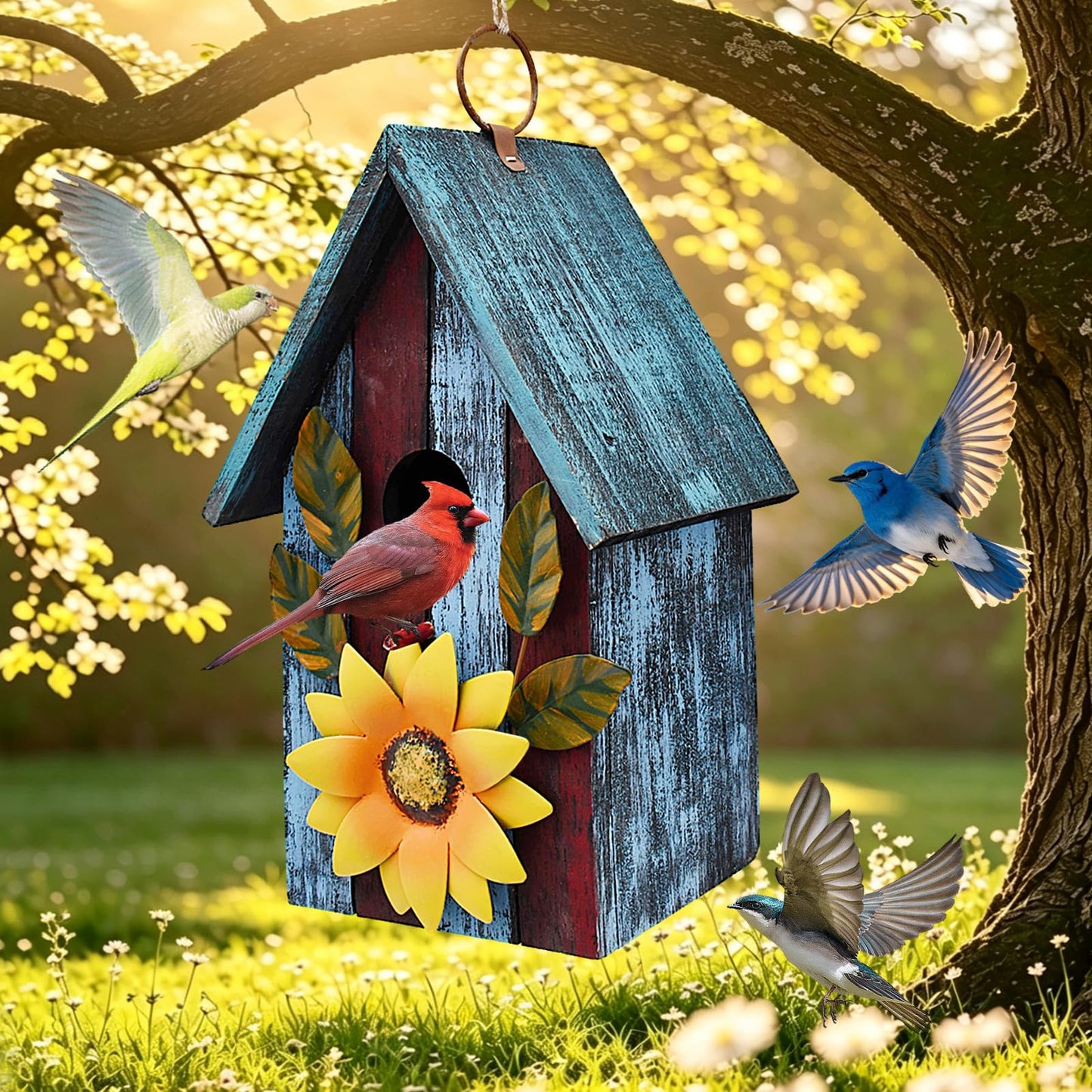 Wood Decorative Bird House for Outside Hanging Hummingbird House, Wooden Hand Painted Small Bird House Outdoors Garden Décor, Hanging Bird House for Finch Bluebird Wren Chickadee (Blue)