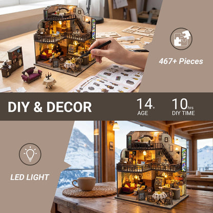 DIY Miniature House Kit, Fairy Dollhouse for Adults to Build, Mini Home Building Kit with Wooden Furniture & LED Lights,Garden Detials, Gift for Family and Friends (Fortunate Encounter Café)