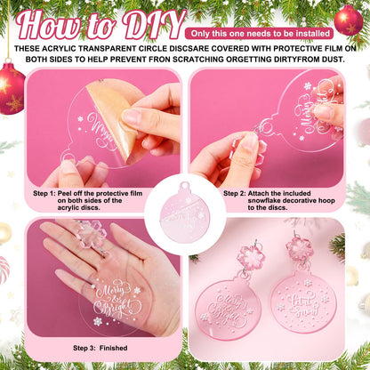 Cinnvoice 24 Pcs Christmas Pink Acrylic Snowflake Ornaments Decoration Set, Crystal Christmas Tree Hanging Pink Clear Flat Ornaments for Xmas Winter Holiday Craft Party Celebration