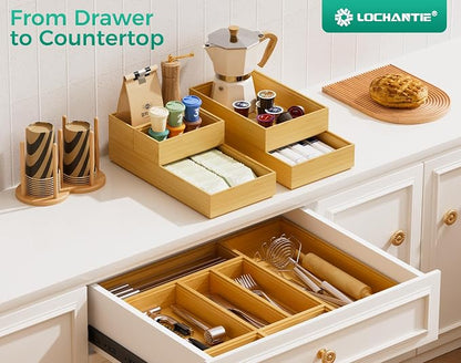 Bamboo Kitchen Drawer Organizer Boxes – 12" x 6" Stackable Wood Silverware Utensil Tray for Drawers Bins, Cutlery & Flatware Storage – Wooden Organizers Set of 2 for Junk Drawer, Bathroom, RV