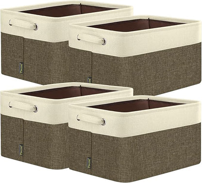BALEINE 4 Pack Fabric Closet Storage Bins for Shelves, Linen Closet Organizers and Storage, Decorative Baskets for Organizing, Shelf, Clothes, Home, Office (Brown, 14''x10''x8.5'')