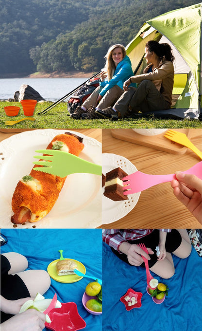 Ecoart Silicone Collapsible Bowl Cup Set with Spork for Outdoor Camping Hiking Travel - Set of 3