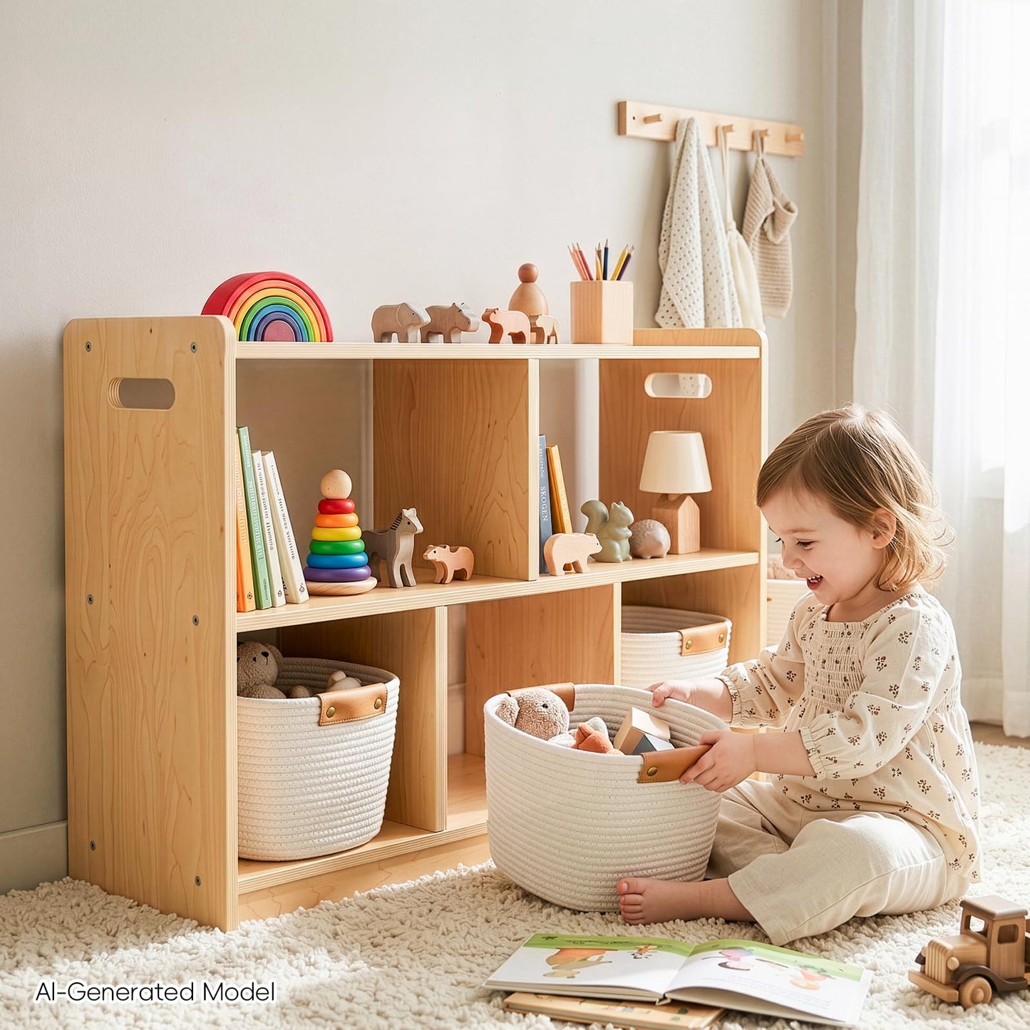 OOOK Montessori Shelf 5-Section, 2-Shelf Toy Organizers and Storage, Double-Sided Montessori Toy Storage, Ideal for Kids Room, Daycare Center, Nursery, Classroom, Kindergarten