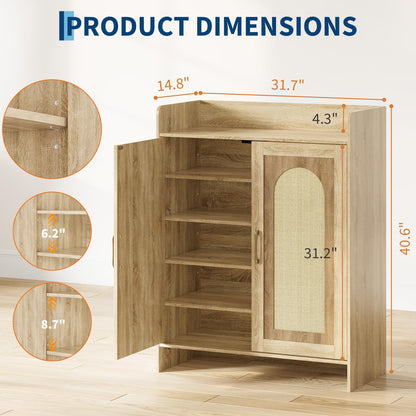 Garvee Shoe Cabinet Storage for Entryway, Rattan Storage Cabinet, Wooden Shoe Rack with 2 Doors, Farmhouse Boho Wood Shoe Organizer Cabinet for Entrance Hallway Living Room Foyer