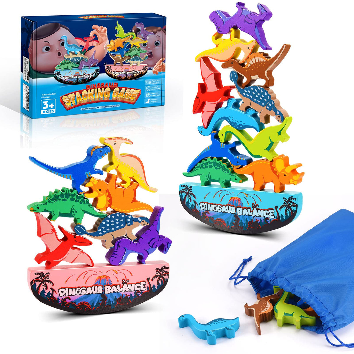 IPOURUP Dinosaur Toys for Kids 3-5: Wooden Stacking Montessori Toys for 3 4 5 6 7 Year Old Balance Competition Game for Family Ideal Christmas Birthday Gifts for Kids Ages 3-7 (Double Version)
