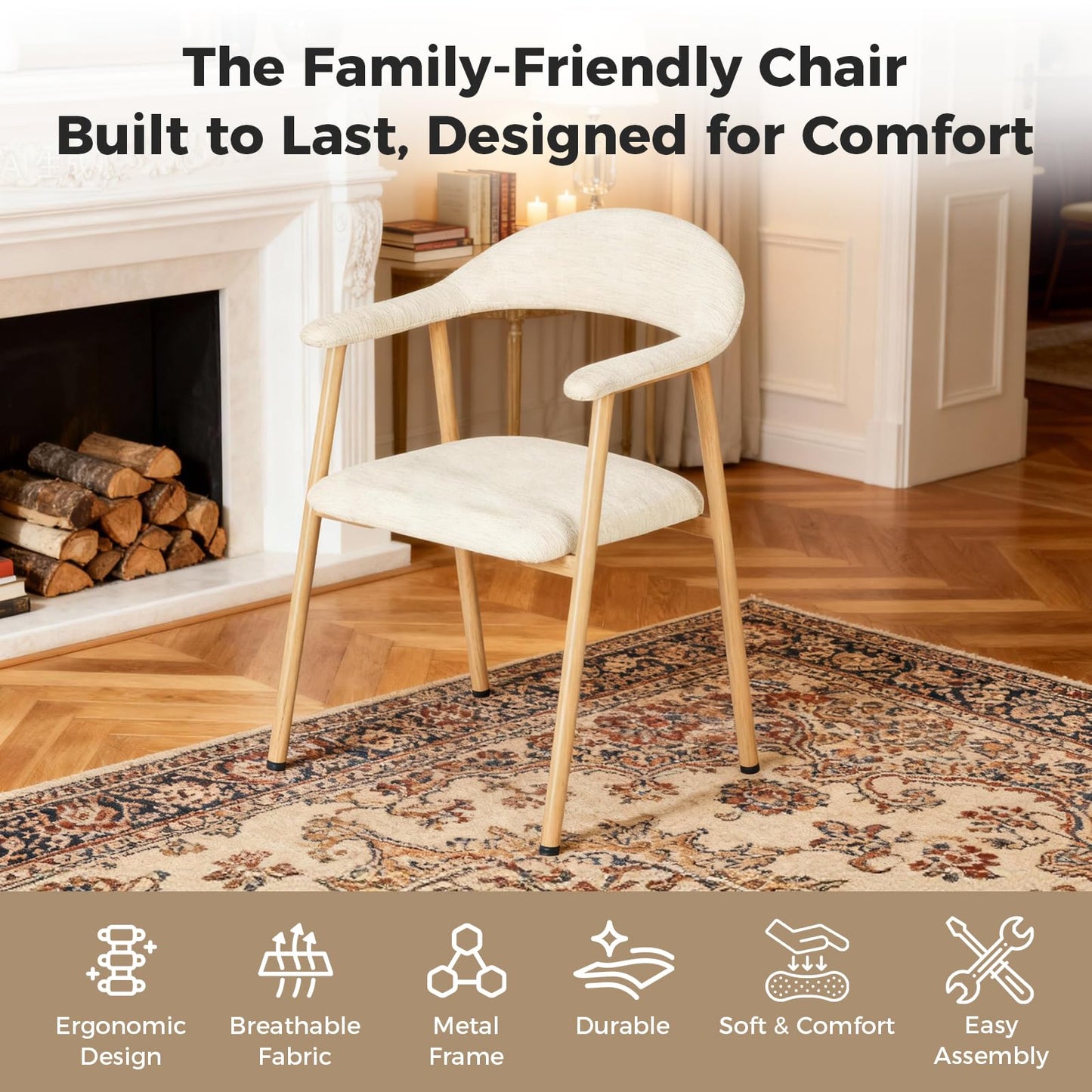 DUMOS Dining Chairs Set of 2, Linen Fabric Upholstered Kitchen Side Chairs with Curved Backrest & Metal Legs, Modern Farmhouse Accent Chair for Dining Room Kitchen Living Room Cafe, Beige