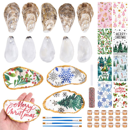 APUDWN 16 Set Oyster Shells for Crafts 4-5 Inch Christmas Pre-Drilled Oyster Shells Crafts Kits with Decoupage Paper Napkin Glue Paint Twine and Brushes for Xmas Decor DIY Arts Seashells Ornaments
