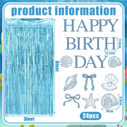 Epakh 39 Pcs Coastal Blue Bow Starfish Seashell Party Decorations Includes 24 Pcs Paper Cards Decor 13 Happy Birthday Banner 2 Foil Fringe Curtain Backdrop for Ocean Photo Prop Party Supplies