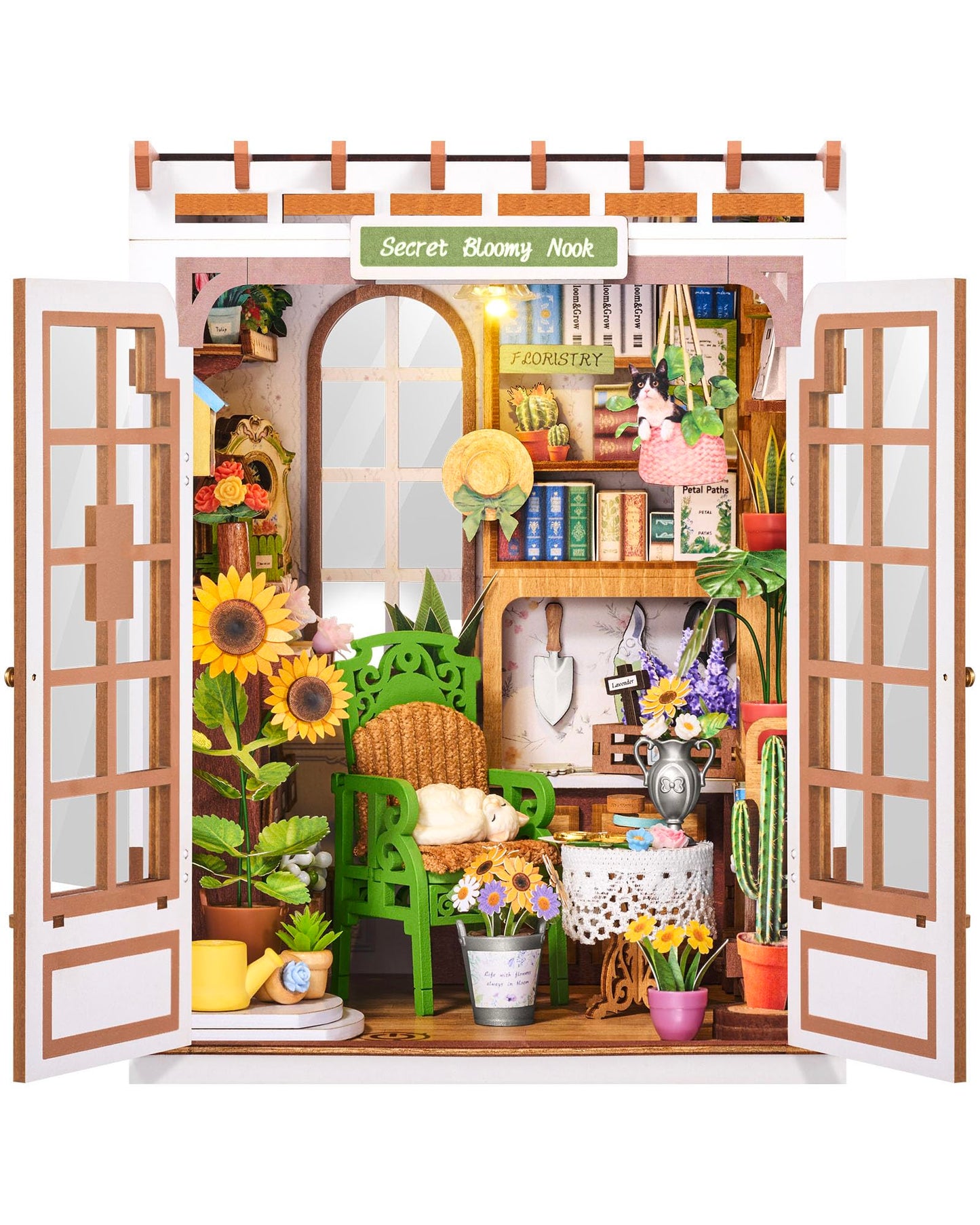 Rolife 6 hrs DIY Book Nook Kit, Secret Bloomy Nook TGE04 3D Wooden Puzzle Floristry Garden, Miniature Dollhouse Bookend with Touch LED Lights, Arts and Crafts Gift for Adults
