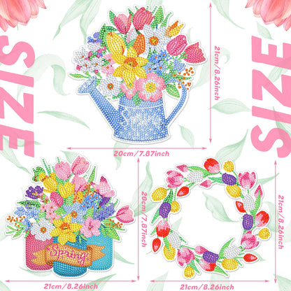 Menkxi 3 Pcs Spring Diamond Art Kits for Adults Spring Flowers Diamond Painting Kits 5d DIY Wreath Tulip Spray Bottle Crystal Painting Hanging Sign for Beginners Craft Supplies Door Wall Window Decor