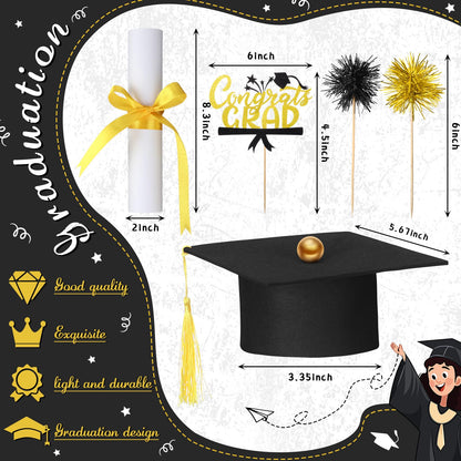 Ctosree 16 Pcs Graduation Cake Kit Graduation Cake Topper Included Felt Graduate Cap with Tassel Firework Cupcake Toppers Grads Cupcake Topper Diploma Decor for Wedding Graduate Party(Black Gold)