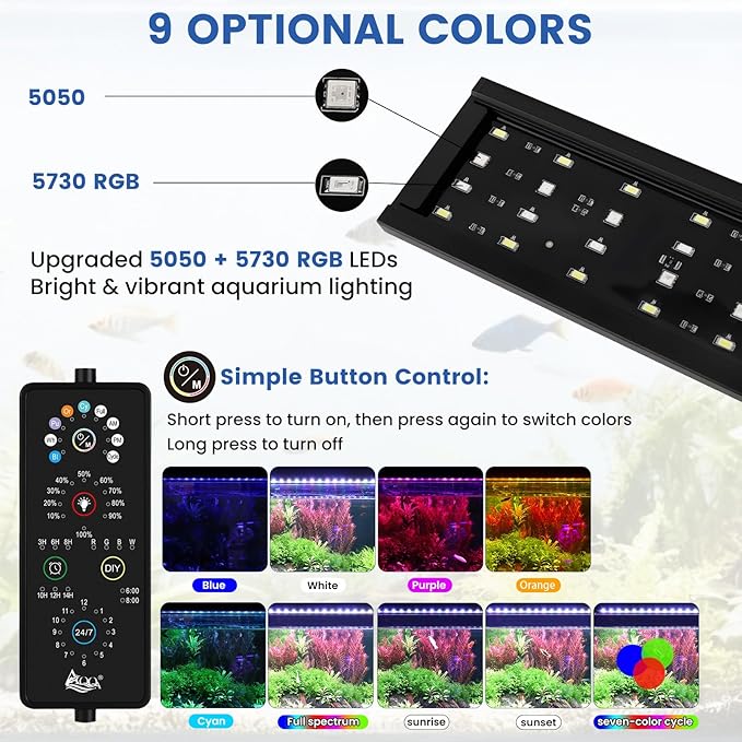 AQQA Full Spectrum Aquarium Plant Light LED Fish Tank Light IP68 Waterproof with 24/7 Natural Mode & DIY RGBW Mode, 9 Colors & 10-Level Brightness Adjustable, 6 Timer Settings for 24"-32" Tank (26W)