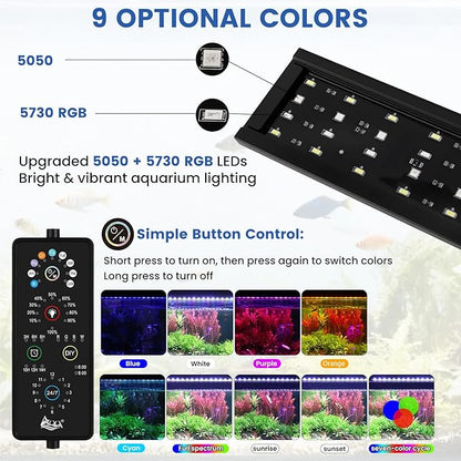 AQQA Aquarium Plant Light Full Spectrum LED Fish Tank Light IP68 Waterproof with 24/7 Natural Mode & DIY RGBW Mode, 9 Colors & 10-Level Brightness Adjustable, 6 Timer Settings for 18"-24" Tank (18W)