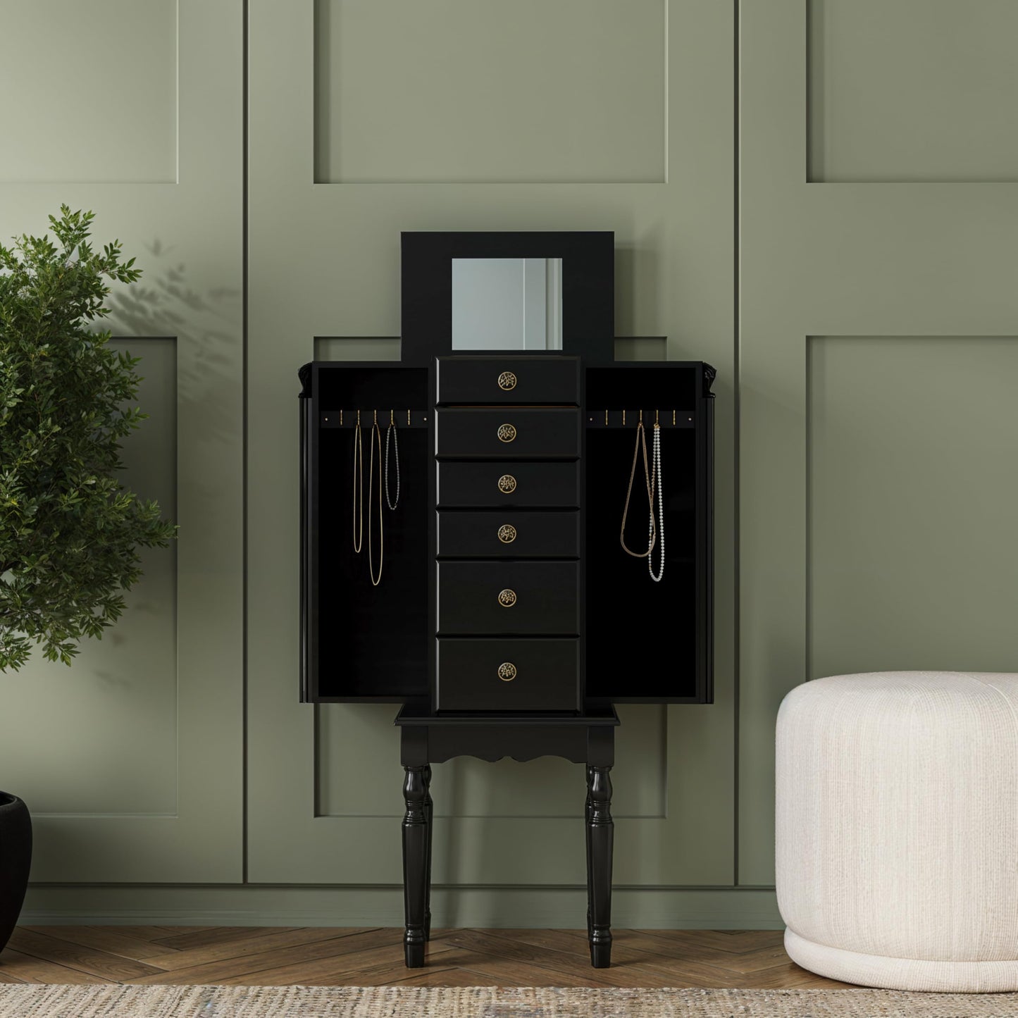 Powell Ebony Jewelry Armoire, Distressed Ebony Black; Black Lining