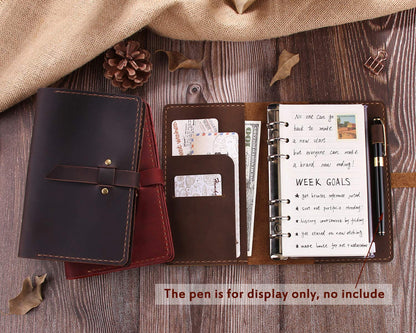 Genuine Leather Journal Writing Notebook, A6 Ring Binder Refillable Diary Notepads, Vintage Handmade Travel Organizer Agenda for Men Women - Brown