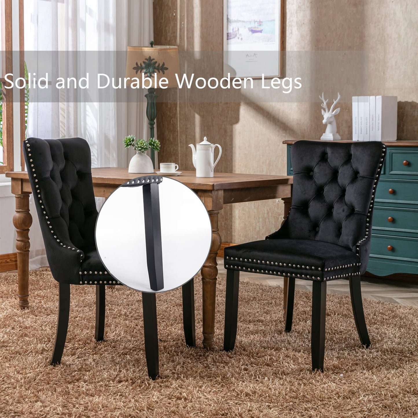 Shenyon Black Velvet Dining Chairs Set of 4, Upholstered Dining Room Chairs with Back Ring Pull Trim and Solid Wood Legs,Modern Dining Chairs Perfect for Dining Room,Living Room,Kitchen(Black)