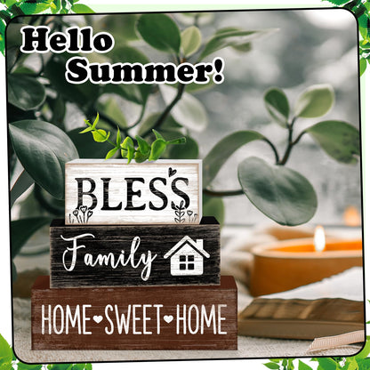 TOMPOP 4 Pcs Sweet Home Wooden Table Decor Eucalyptus Leaves Tabletop Sign Farmhouse Tiered Tray Decorations Family Wood Block Stack Sign Gift for Home Fireplace Mantel (Leaf)