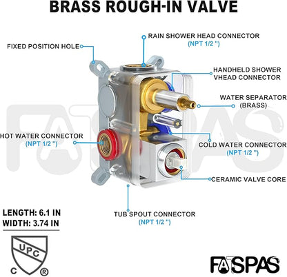 Polished Chrome Shower System with 10-Inch Rain Showerhead and Tub Spout | cUPC-certified pressure balance brass valve to prevent scalding, CEC-certified air injection technology for low pressure