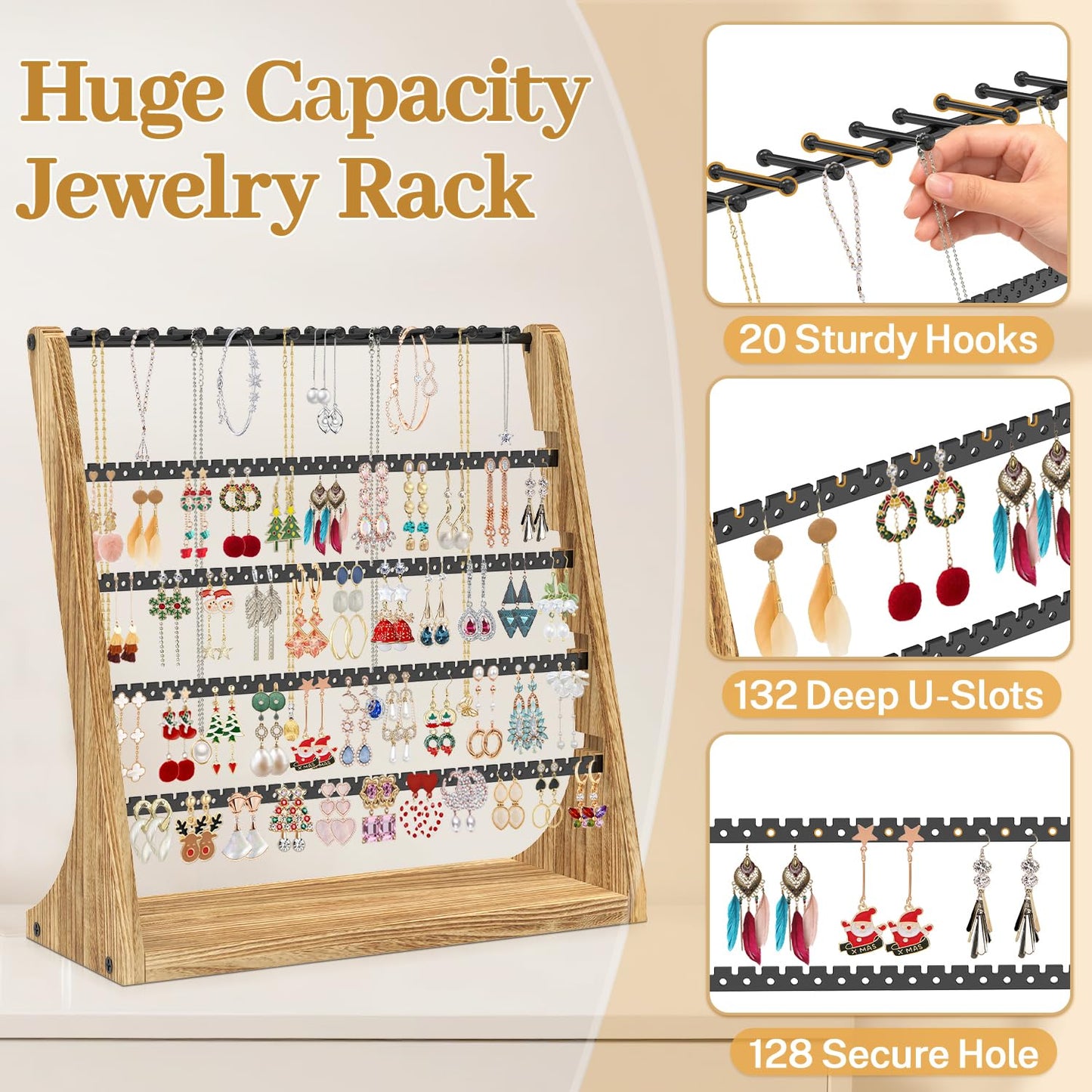 MODOWEY Earring Holder Organizer and Necklace Display Stand, Countertop Wooden Tree Rack for Stud Pierced Dangle Bracelet Storage, 5 Tier 20 Hooks Large Capacity Metal Jewelry Hanger for Women