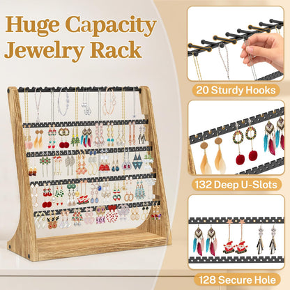 MODOWEY Earring Holder Organizer and Necklace Display Stand, Countertop Wooden Tree Rack for Stud Pierced Dangle Bracelet Storage, 5 Tier 20 Hooks Large Capacity Metal Jewelry Hanger for Women
