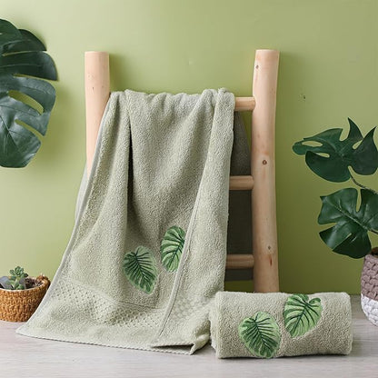 2 Pcs Tropical Palm Leaves Hand Towels Gray Green Bathroom Decor 14x29 Inch
