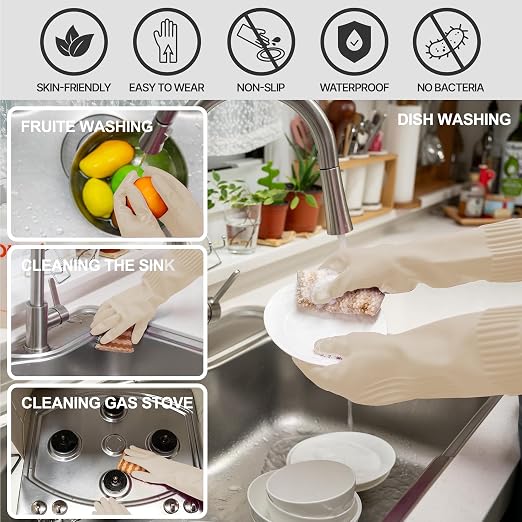 DABOGOSA Reusable Waterproof Household Dishwashing Cleaning Rubber Gloves, Non-Slip Kitchen Glove (Ivory, Medium (Pack of 3))