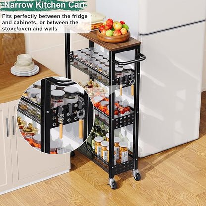 Utility Slim Storage Cart, Skinny Rolling Spice Rack with Table Top, Small Laundry Organizers and Storage Shelves for Between Washer and Dryer, Thin Shelf for Narrow Spaces, 4 Tier Bathroom Cabinet