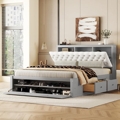 Merax Queen Size Bed Frame with Upholstered Storage Headboard, Rustic Wood Platform Bed with Four Drawers and Shoe Rack, Sturdy Wooden Slats Support, No Box Spring Needed, Easy Assembly, Gray