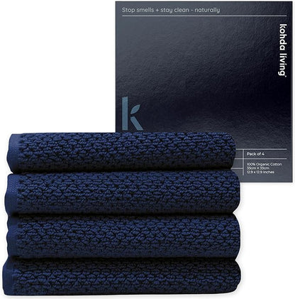Luxury Silver-Infused Navy Blue Washcloths 4-Pack Set, 12.9"x12.9"