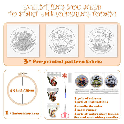 【Beginner Friendly Embroidery】 3 Set Halloween Embroidery Kit, Gothic Embroidery Starter Kit, DIY Stamped Cross Stitch Kits for Adults with Needles and Thread Included