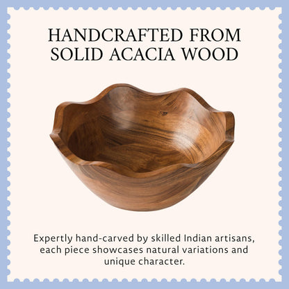 Mela Artisans 10 in Wide x 4 in Tall Scalloped Mango Wood Bowl – Hand-Carved Decorative Serving and Fruit Bowl with Visible Wood Grain for Kitchen Counter, Snacks, Bread and Home Decor