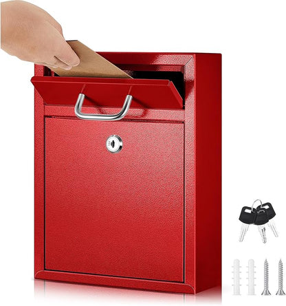 Yaocom Locking Mailbox with Key for Outdoor 10 x 7 x 3 Inches Small Wall Mount Mail Box with Lock Security Mail Drop Metal Collection Boxes Hanging Secure Postbox(Red)