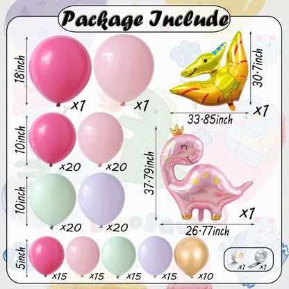 156Pcs Pink Dinosaur Balloon Garland Arch Kit, Pastel Pink Green Purple Metallic Gold Balloons, Large Dinosaur Foil Balloons for Girl Dino theme Birthday Party Jungle Baby Shower Decorations