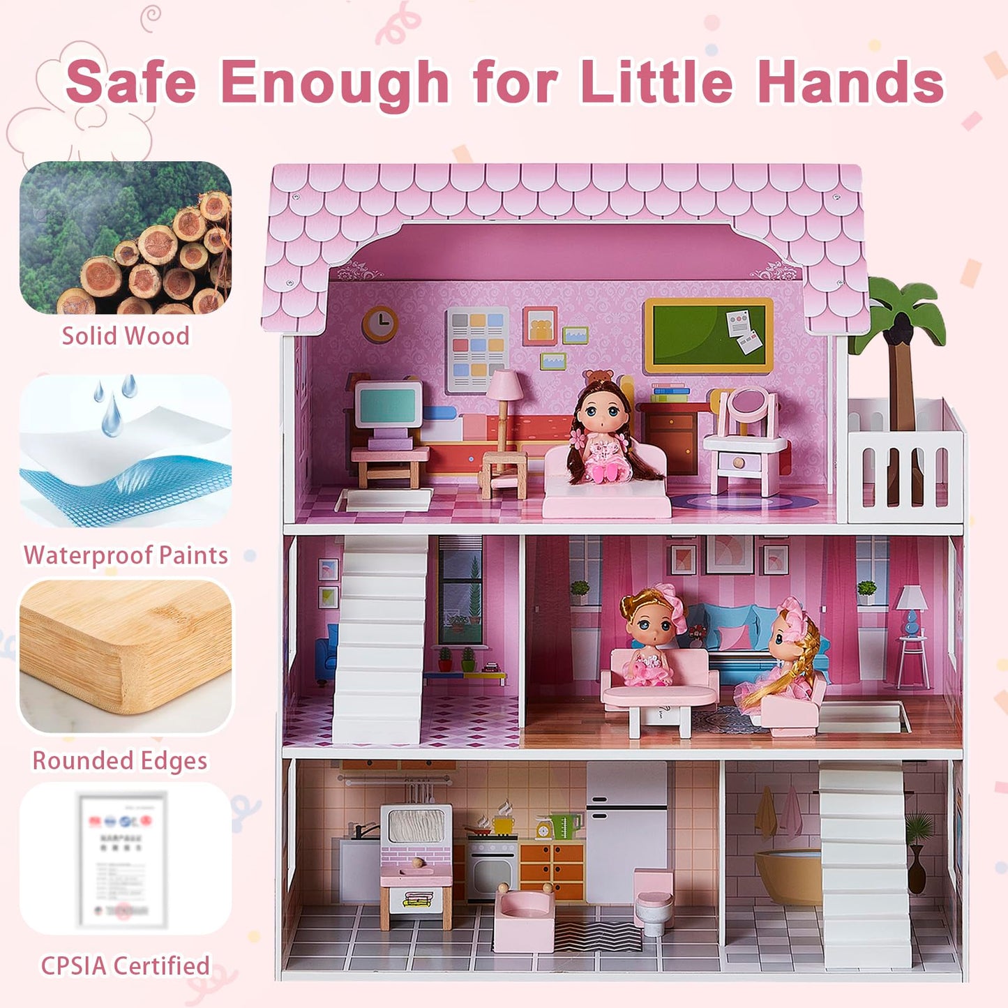 OCINONE Kids Dollhouse - Pink Wooden Doll House with 10-Piece Mini Furniture Set, 3-Story & 5 Open Rooms, Easy to Assemble Pretend Play House, Gift for Girls Boys Ages 3 4 5 6 Years Old