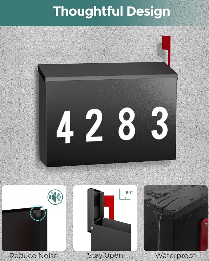 LAND·VOI Modern Wall-Mount Mailbox, Mailboxes for Outside, with One Flag Kit and Three Sets of 0-9 Mailbox Number Stickers, Rust-Proof Metal Post Box, 4.33" Dx14.2 Wx10.43 H, Textured Black, AMB03B01