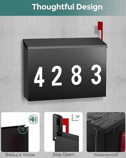LAND·VOI Modern Wall-Mount Mailbox, Mailboxes for Outside, with One Flag Kit and Three Sets of 0-9 Mailbox Number Stickers, Rust-Proof Metal Post Box, 4.33" Dx14.2 Wx10.43 H, Textured Black, AMB03B01