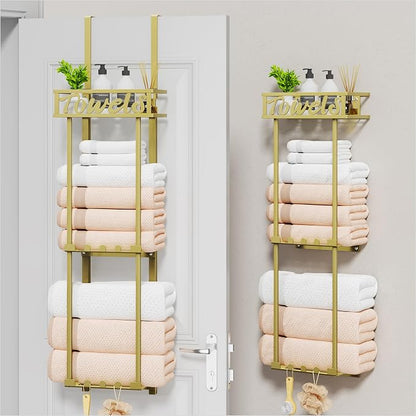 HapiRm Towel Rack Bathroom Storage - 3 Tier Over The Door & Wall Mounted Rolled Towel Racks Holder Organizer with Metal Shelf and 6 Hooks for Small Bathroom, Camper, Rv - Gold