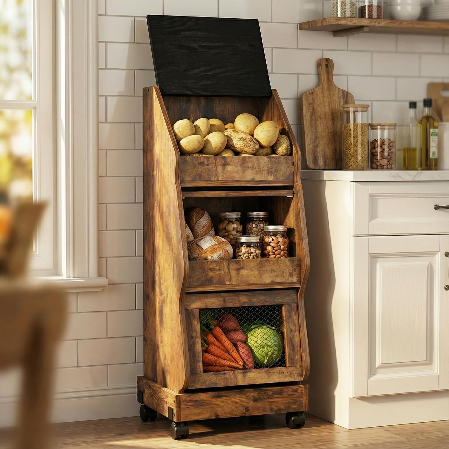 ARTETHYS Potato Storage Bin Movable Bread Box with Lid Rustic and Wheels Onion Organizer with Grocery Section Decorative Vegetable Organization Cabinet for Kitchen