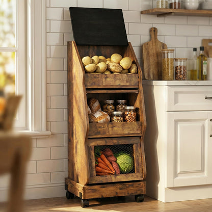 ARTETHYS Potato Storage Bin Movable Bread Box with Lid Rustic and Wheels Onion Organizer with Grocery Section Decorative Vegetable Organization Cabinet for Kitchen